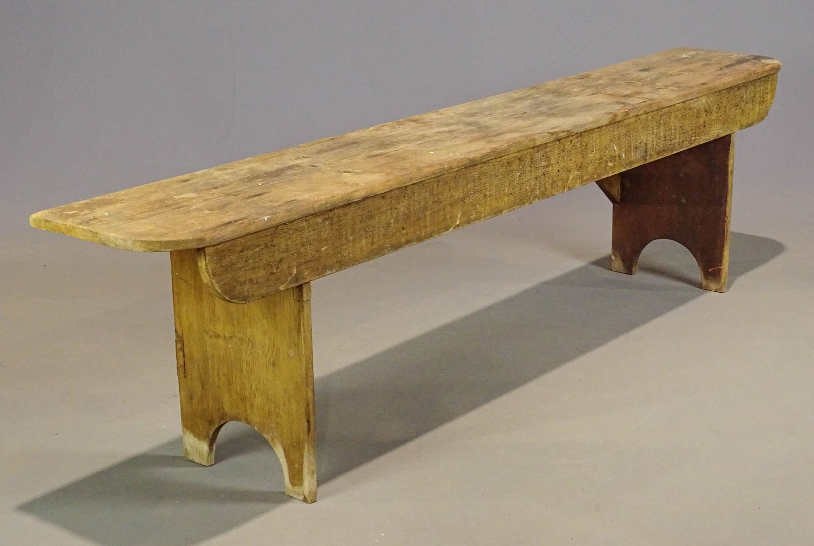 Bootjack Bench: Early bootjack bench. 72" x 11 1/2" x 19".
