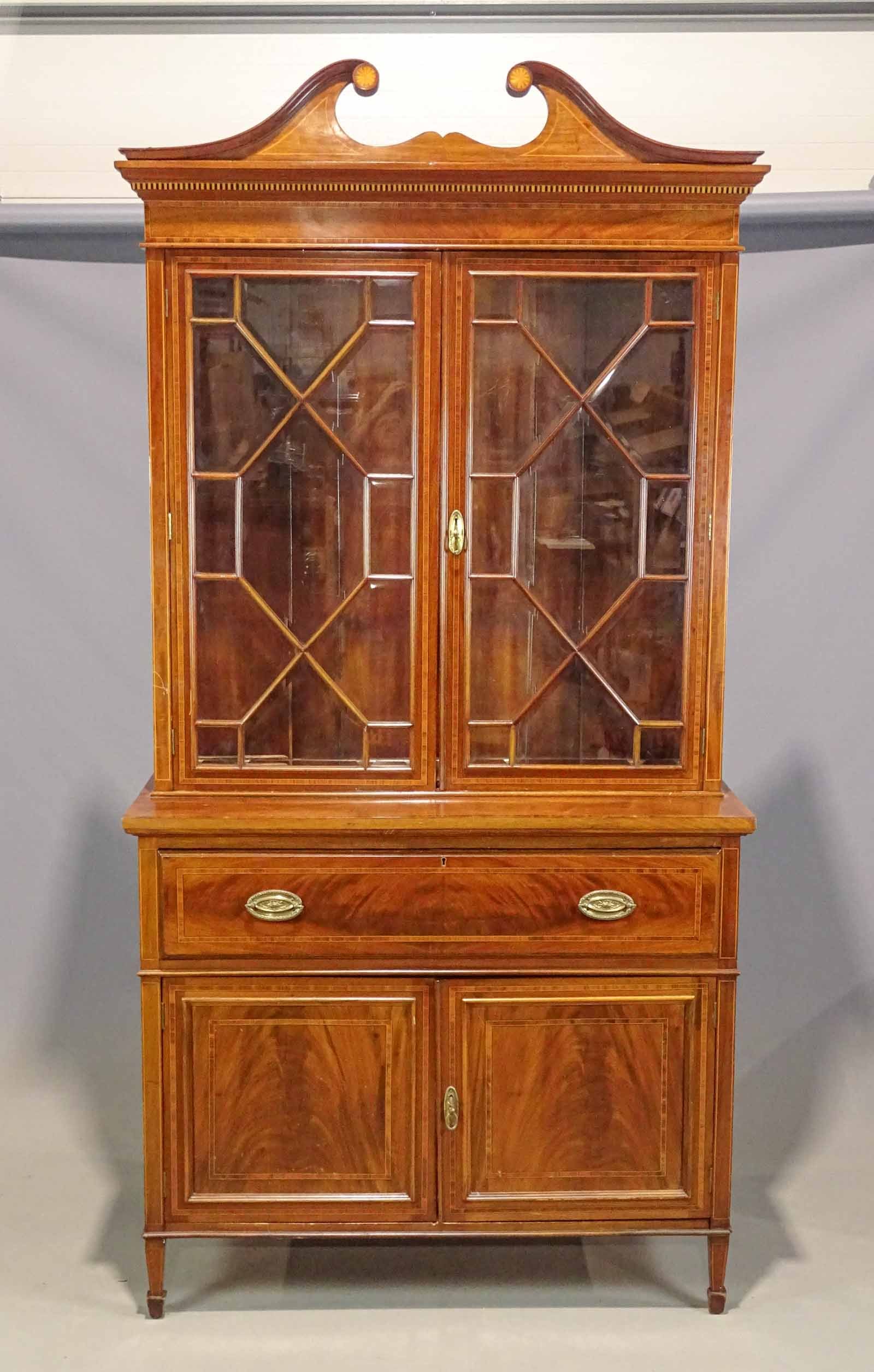 19th c. English Mahogany Secretary: 19th c. English two part inlaid mahogany secretary. 48" x 19 1/2" x 97" Ht..
