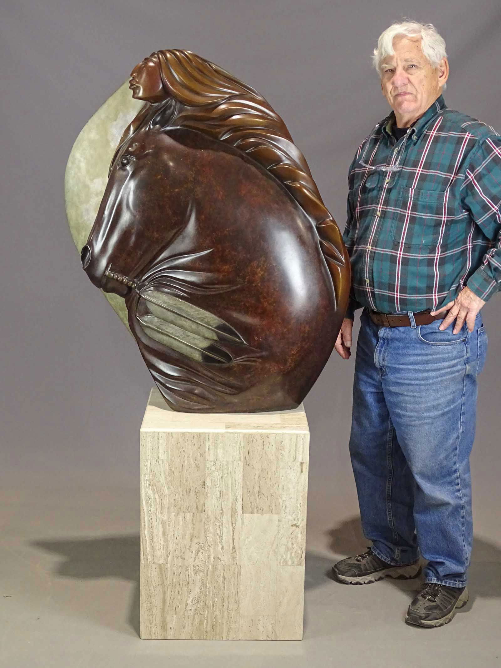 Bruce LaFountain (b. 1961): Bruce LaFountain b. 1961), large bronze signed sculpture. 30" W., 39" Ht., 8" thick. Comes with base (18" x 18" x 24"). Base has some damage.