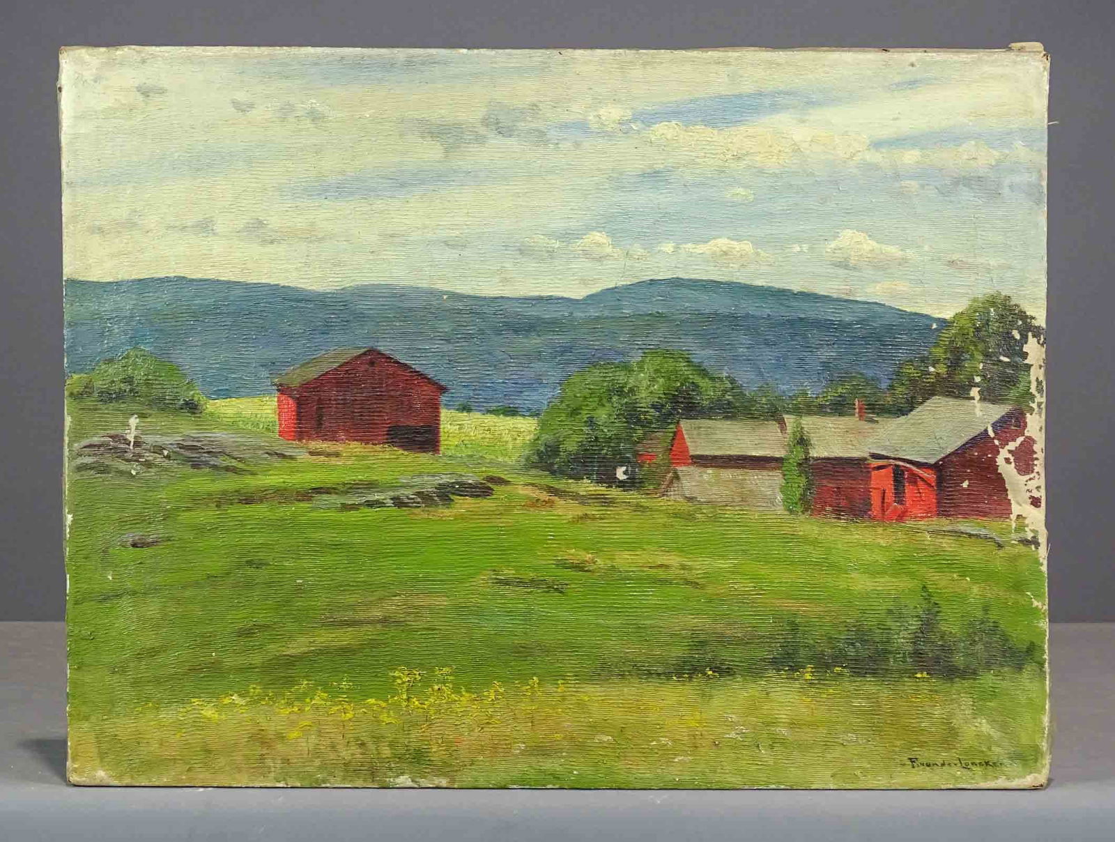 Frank Von der Lancken (1872-1950): Painting: Frank Von der Lancken (1872-1950), barns in landscape. Unframed. 18" x 24". Imperfections.