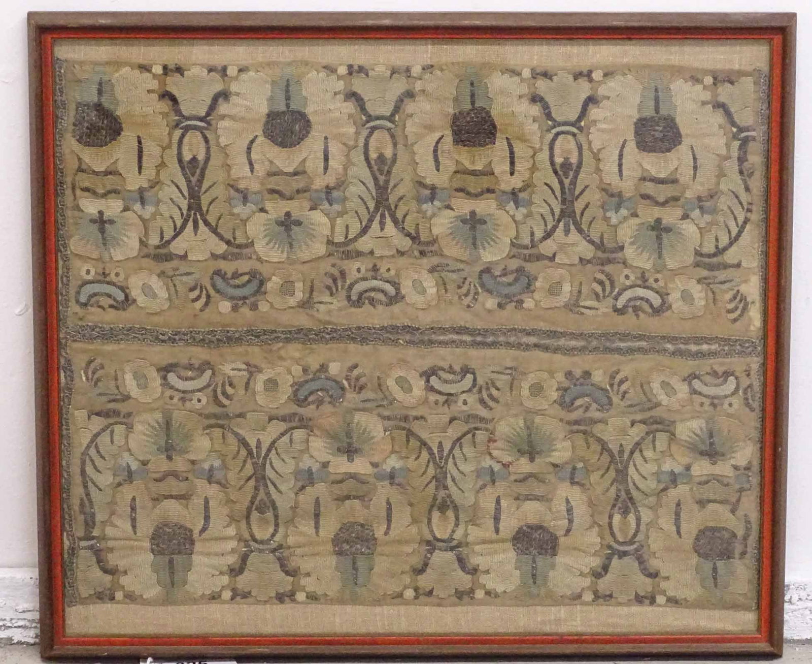 18th c. Framed Embroidery: 18th c. framed Embroidery. Sight 16" x 20", overall 19" x 22".