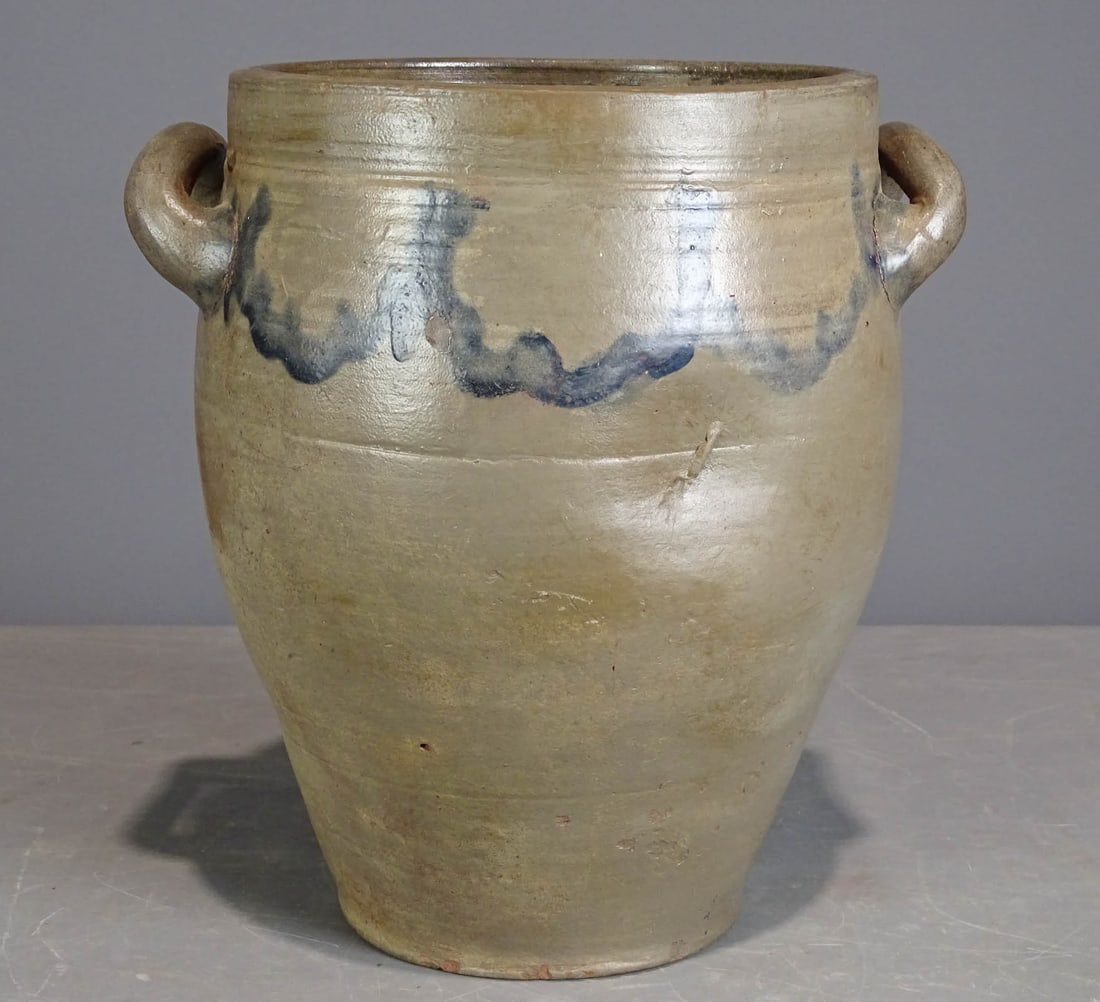 19th c. Stoneware Crolius Crock: 19th c. C. Crolius crock with handles. Some cobalt. 11" D., 13 1/2" Ht..