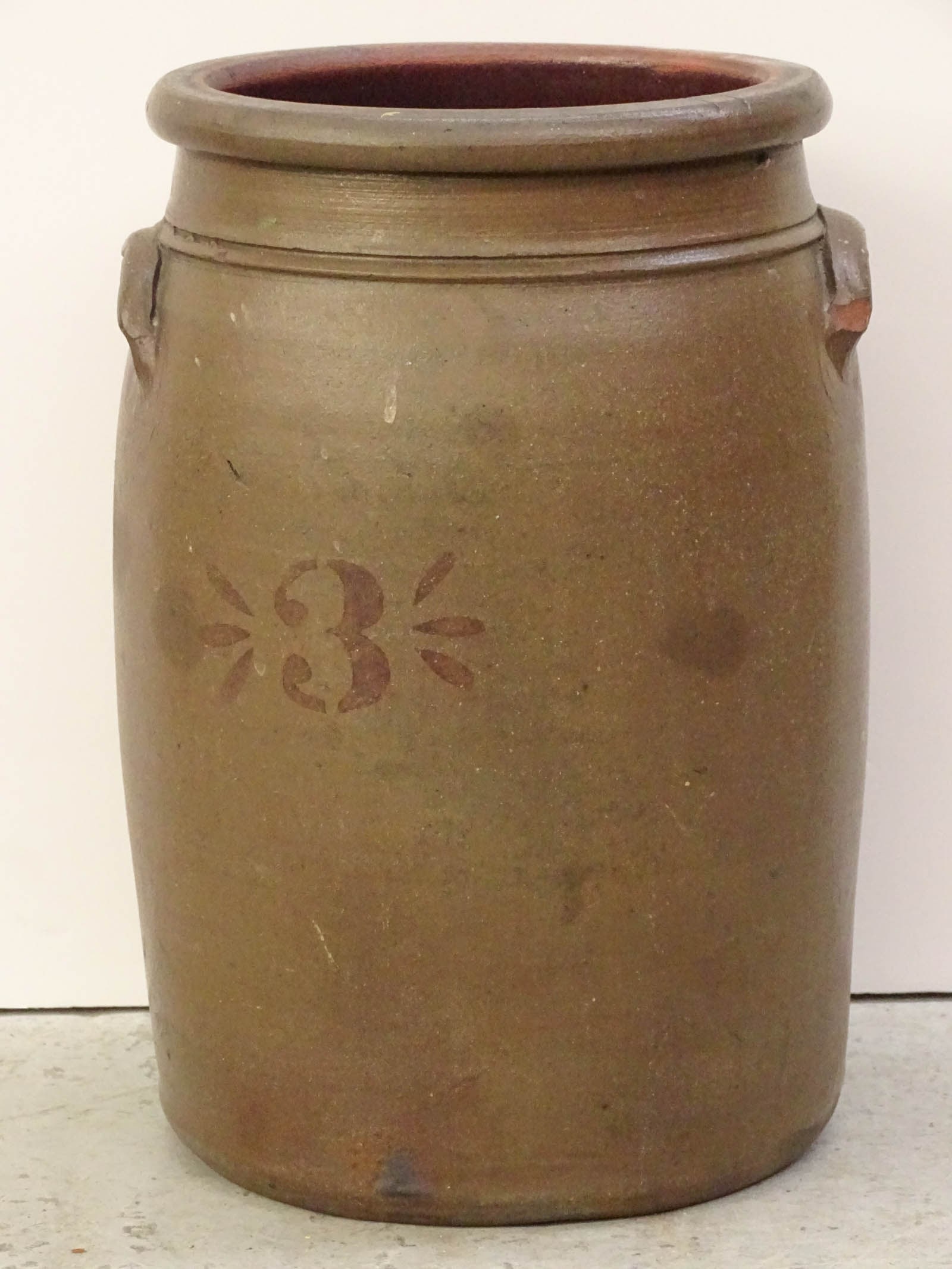 19th c. Stoneware Crock: 19th c. stoneware crock decorated "3". 14" Ht..