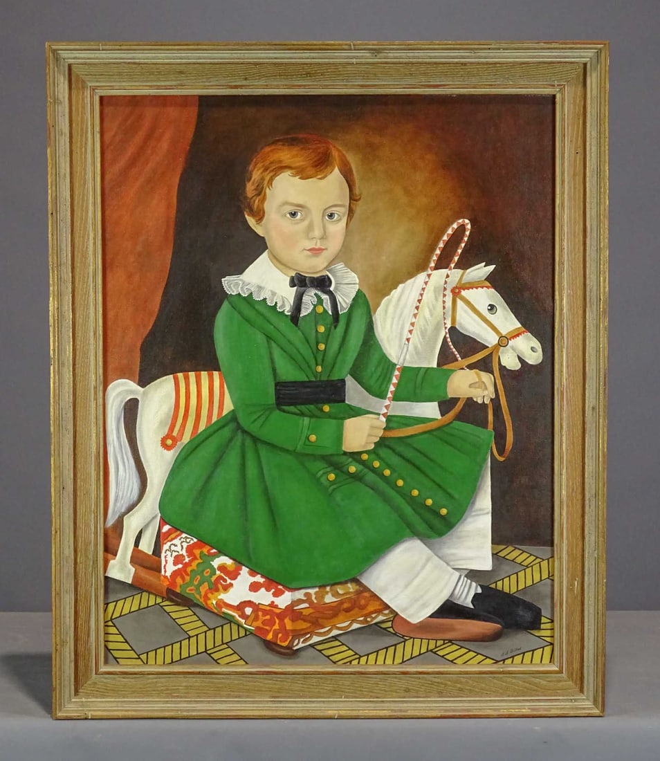 Evelyn Dubiel (1922-2019): Evelyn Dubiel (1922-2019), folk art portrait of a boy. Oil on canvas. 30 1/2" x 24 1/2", overall 34 1/2" x 29". Provenance: Descendent of the artist.