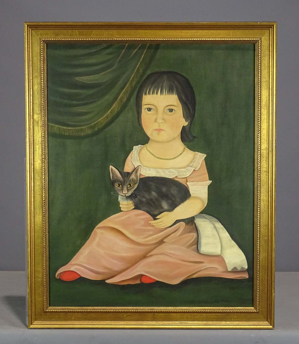 Evelyn Dubiel (1922-2019): Evelyn Dubiel (1922-2019), folk art portrait of a boy child with cat. Oil on canvas. 28" x 22", overall 32" x 26". Provenance: Descendant of the artist.