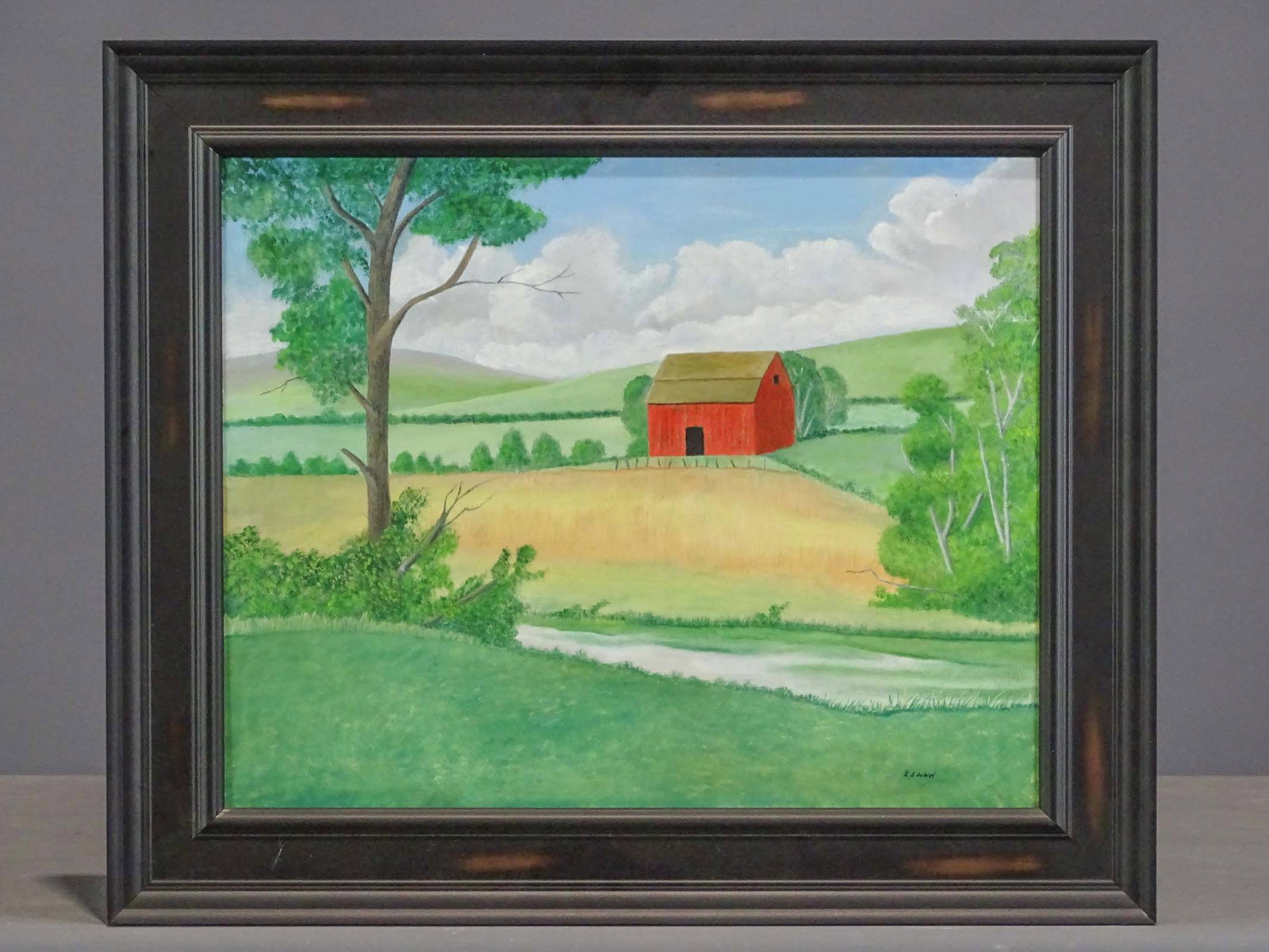 Evelyn Dubiel (1922-2019): Evelyn Dubiel (1922-2019), Red Barn in the Berkshires", oil on canvas. 16" x 20", overall 21" x 25".
