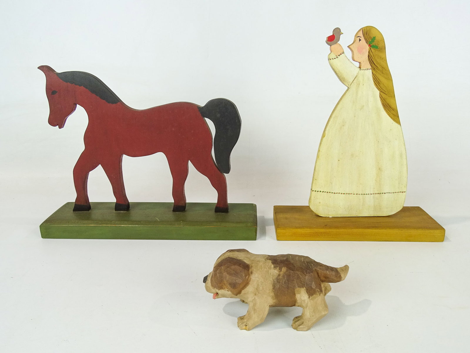 John Dubiel Carvings: Lot (2) John Dubiel carvings (tallest 9" Ht.), and carved dog signed Shoemaker (3" L.).