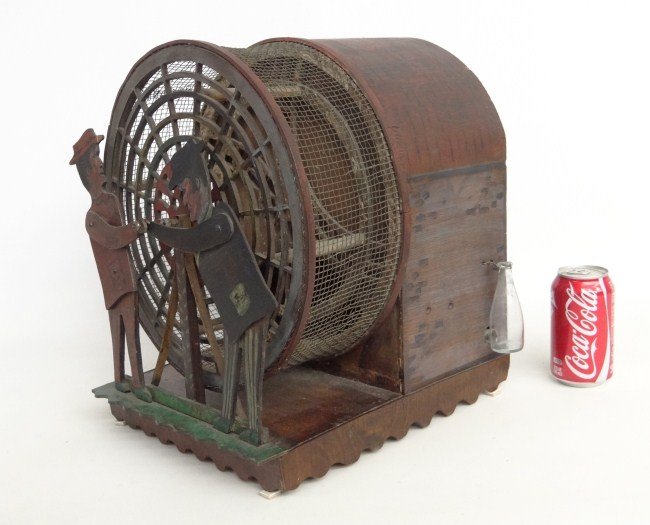 Folk Art Squirrel Cage: Early folk art painted squirrel cage with articulating figures. 11 1/4" W 12" D 15 1/2" Ht.