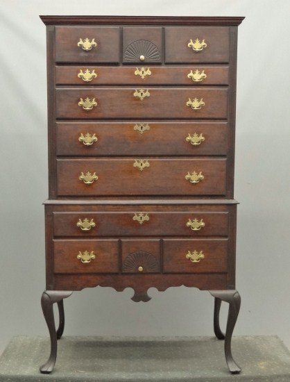 Centennnial Highboy: 19th c. Queen Anne style highboy. Top has three over four drawers, base with four drawers, legs have triphyd feet. 41" W 21" D 74" Ht.