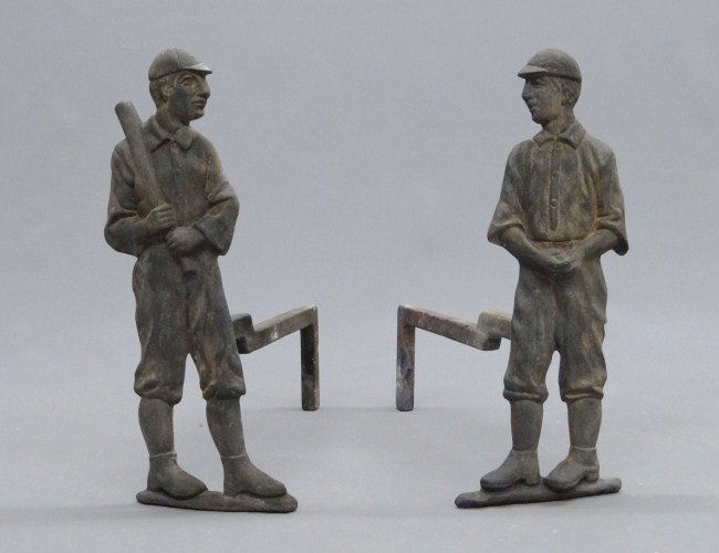 Baseball Player Andirons: Pair cast iron baseball player andirons. 19 1/2" Ht.
