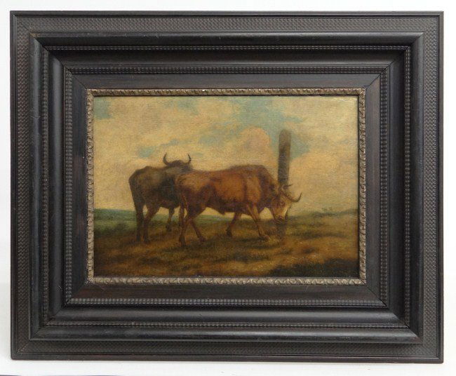 Painting Paulus Potter: Painting oil on board bull scratching post signed LLC Paulus Potter. Grid-braced back. Paulus Potter Netherlands 1625-1654. Sight 11" x 16".