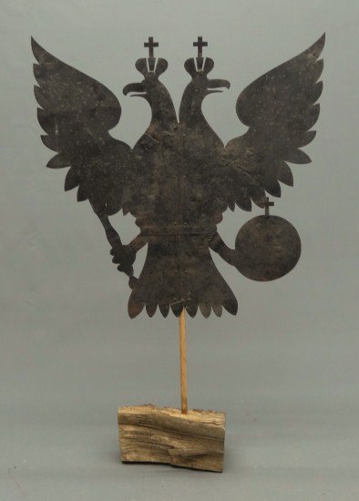Eagle Weathervane: Sheet metal double head eagle Continental weathervane with orb and scepter, 35" W 34 1/2" Ht.
