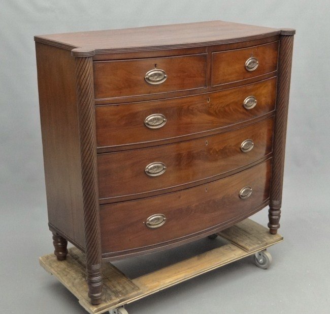 19th c. Sheraton Chest Drawers: 19th c. Sheraton mahogany four drawer chest with twisted columns and turned feet. 46" W 22" D 42 1/2" Ht.