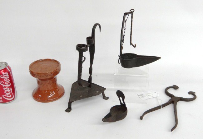 Iron Lot: Lot early iron including two Betty lamps (one includes redware holder ex: Raccoon Creek, the other ex: Jack Whistance), 10" Ht. Alpine lamp and 9" Length sugar nips.