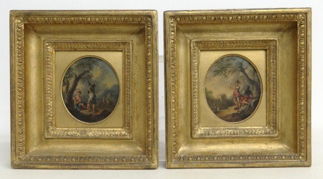 Paintings School Of Zuccarelli: Pair early oval paintings on copper Roman soldiers. School of Old Master Francesco Zuccarelli. Sight 5" x 4".
