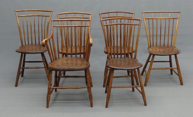 Windsor Chairs: Assembled set of seven (6 plus 1) 19th c. Windsor chairs. Armchair branded "G. Gammon Halifax Warranted".