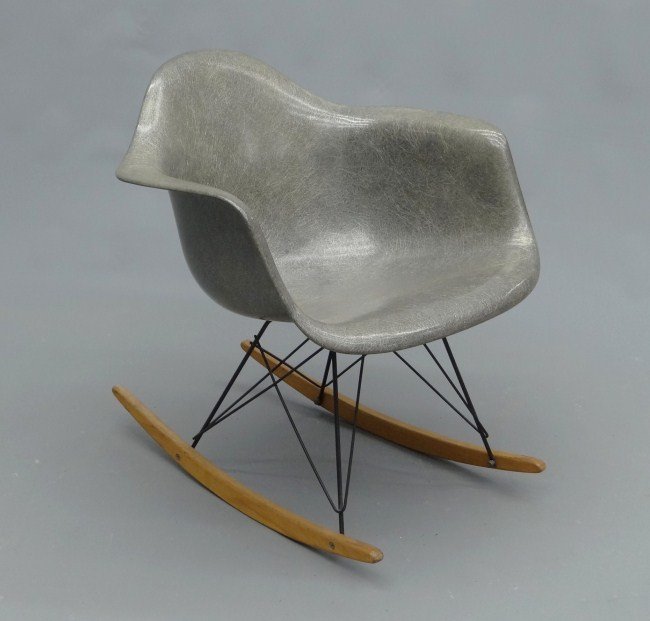 Eames Fiberglass Rocking Chair: Mid Century Eames fiberglass rocking chair with label. 16" Seat Ht. 27" Overall Ht.
