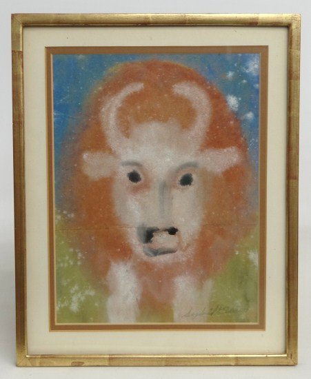 Painting Sybil Gibson: Outsider painting pastel "The Bull" signed Sybil Gibson", sight 12" x 9". Ex: Guennol Collection.