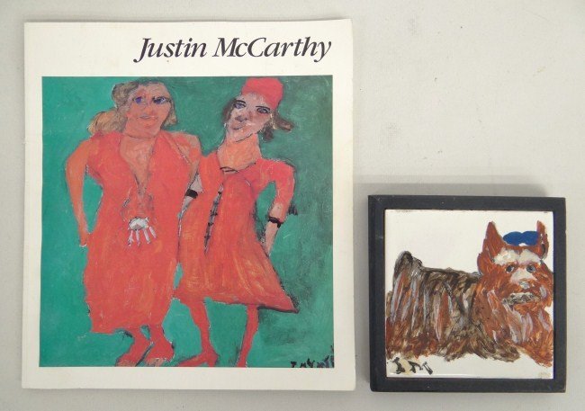 Painting Justin Mccarthy: Outsider painting on tile of dog signed "JM" (Justin McCarthy Penna. 1891-1977), 4 1/2" square. Ex: Guennol Collection.