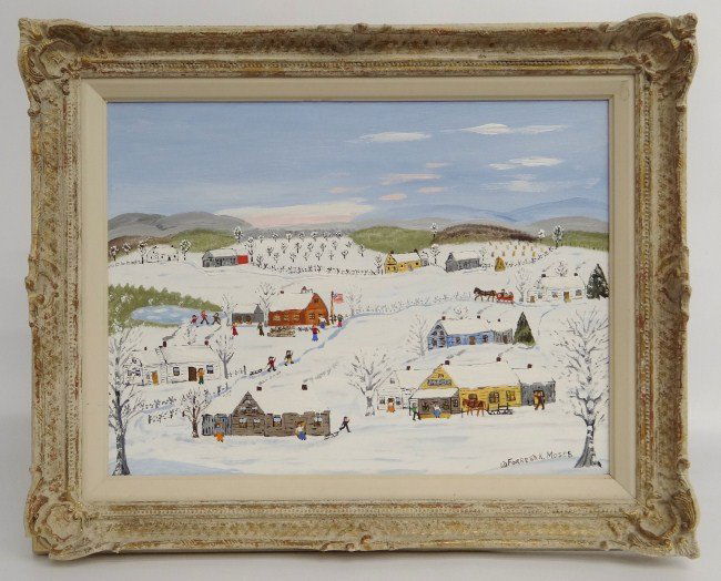 Painting Forrest Moses: Painting oil on artist board townscape signed "Forrest K. Moses" (N.Y. 1893-1974, son of painter Grandma Moses). Titled on back with label "Off To School", dated March '69 (1969). Sight 11 1/2" x 15 1