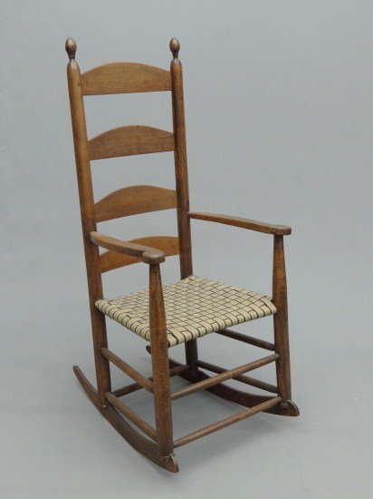 19th c. Shaker Armchair: 19th c. Mt. Lebanon Shaker armed rocking chair. 14 1/2" Seat Ht. 41" Overall Ht.