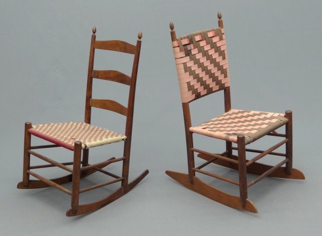 19th c. Shaker Rocking Chairs: Lot two 19th c. Shaker taped seat rocking chairs. One retains orig. label marked Mt. Lebanon.