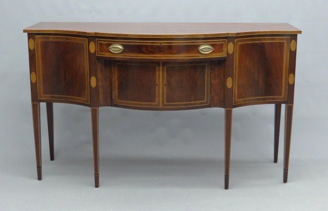 Hepplewhite Style Sideboard: Hepplewhite style inlaid sideboard marked "Potthas Bros. Baltimore Md.-Replica of Original at Mt. Vernon". 5' 6" W 25 1/2" D 39" Ht.