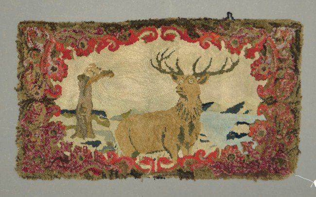 Frost Pattern Hooked Rug: Early Frost pattern hooked rug with stag and squirrel. 51" x 28".