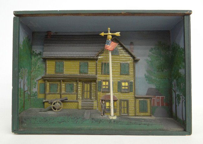 House Diorama: C. 1900' s polychrome painted house diorama. 16" W 4" D 11" Ht.