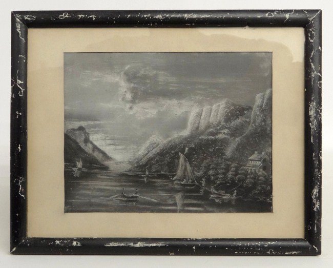 19th c. Sandpaper Drawing: 19th c. Hudson River School sandpaper drawing. Sight 9 1/2" x 12 14".