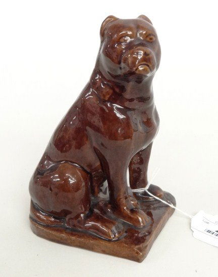 Redware Bank: Early redware dog bank. 7" Ht.