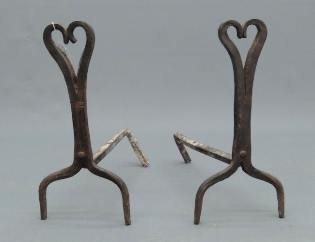Andirons: Pair 19th c. cast iron heart top andirons. 23" Ht. 21" D.