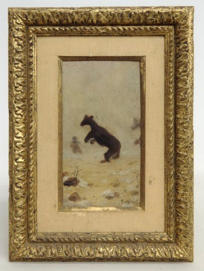 Painting L.M. Eilshemius: Painting oil on panel hunting scene with Eskimo signed "Eilshemius" (Louis Michel Eilshemius N.Y./Calif. 1864-1941). Sight 7 1/2" x 4", has "G.C." label verso. Ex: Guennol Collection.