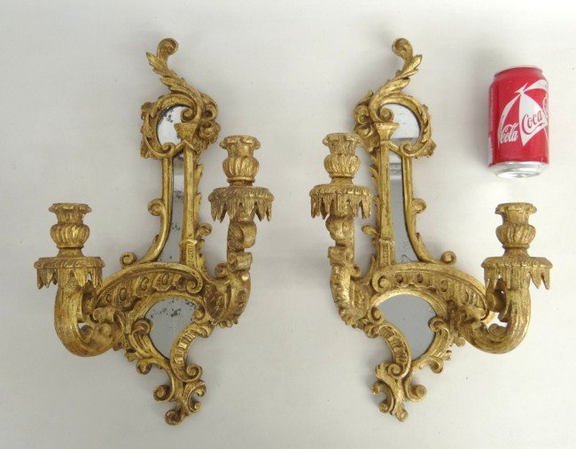 Pair Gilt Mirrored Sconces: Pair early wooden carved and gilt mirrored sconces. 18" Ht.
