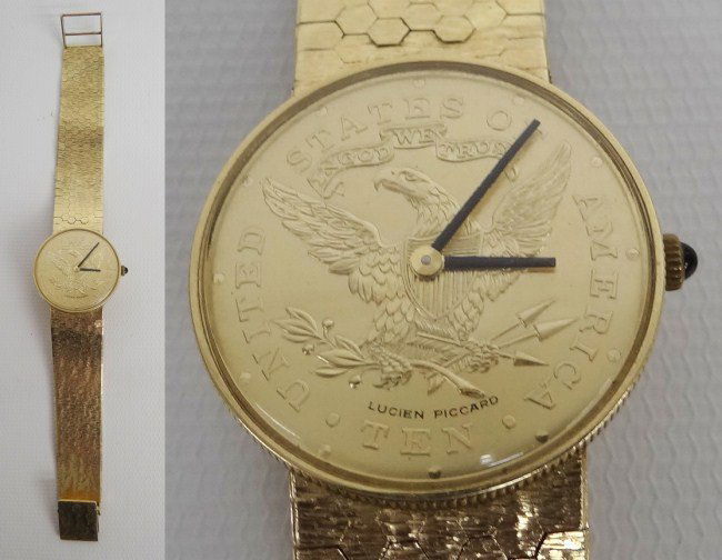 Lucien Picard Watch: Lucien Piccard coin style 14 Karat wrist watch. Runs.