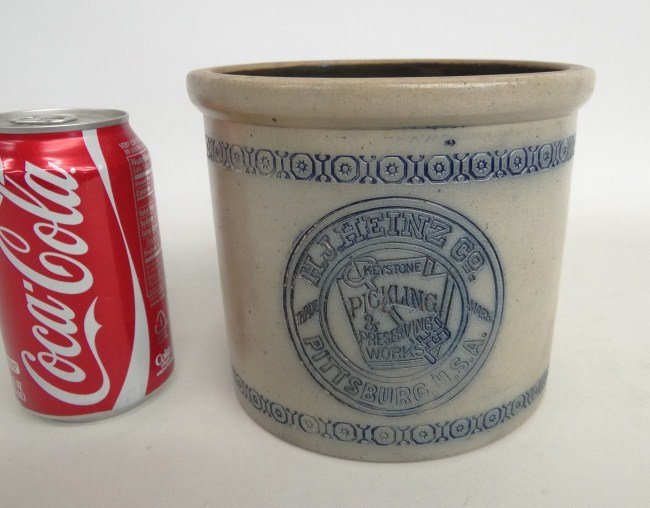 19th c. Heinz Pickle Crock: 19th c. stoneware incised "H.J. Heinz Co....Pittsburg, U.S.A." pickle crock. Small chip to base on backside. 6 1/2" Diameter, 5 1/2" Ht.