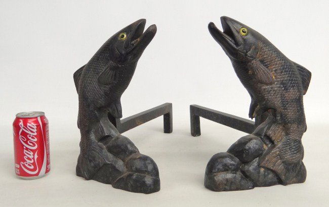 Pair Trout Andirons: Scarce pair trout cast iron andirons. 12" Ht. 15" D.