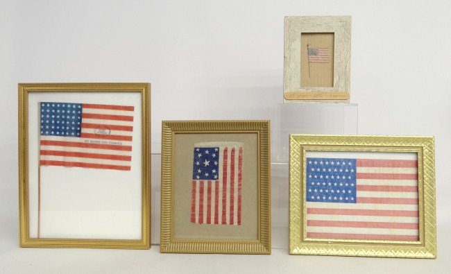 American Flag Lot: Lot American flags including 1836 25 Star, 13 Star and stick type "GAR POST ...COLUMBUS, OH" and 48 Star C. 1912.