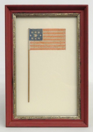Early American Flag: Early American flag with stick, 9 stars 1861-1865. Sight 8" x 4".