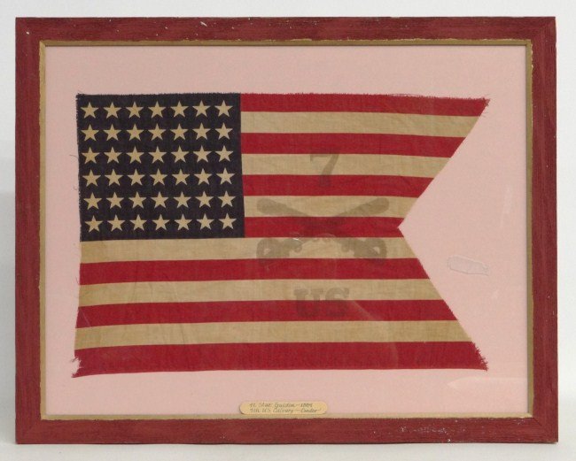 Early American Flag: Early American flag, 42 Stars, Guidon 1889, 7th Cavalry (Custer's). Sight 14 1/2" x 21".