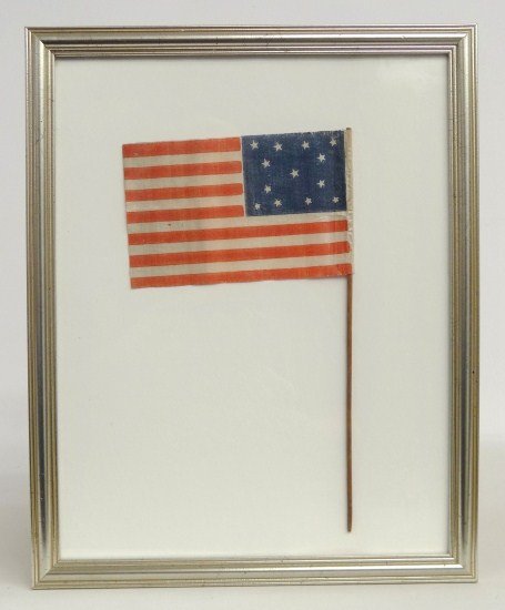Early American Flag: Early American flag with stick, 13 stars. Sight 11" x 6".