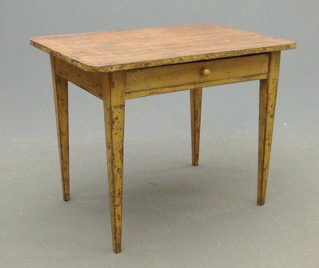 19th c. Work Table: 19th c. single drawer tapered leg work table in yellow paint. Top 32" x 21" 26" Ht.