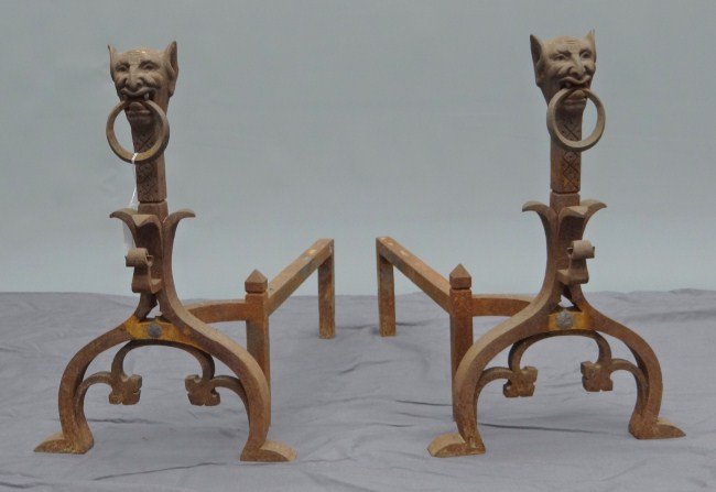 19th c. Devil Head Andirons: 19th c. figural devil head andirons. 21" Ht., 23 1/2" D.