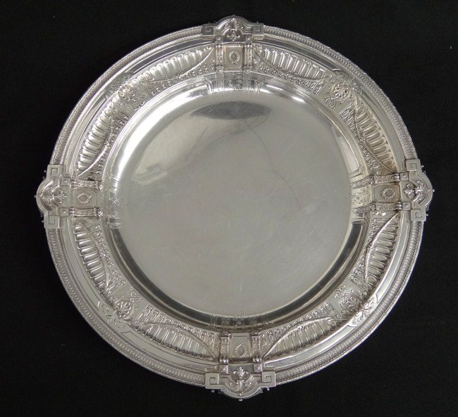 Sterling Silver Charger: Sterling silver charger marked "Black Starr & Frost", "Exclusive Design", 14" Diameter. 1198 grams.