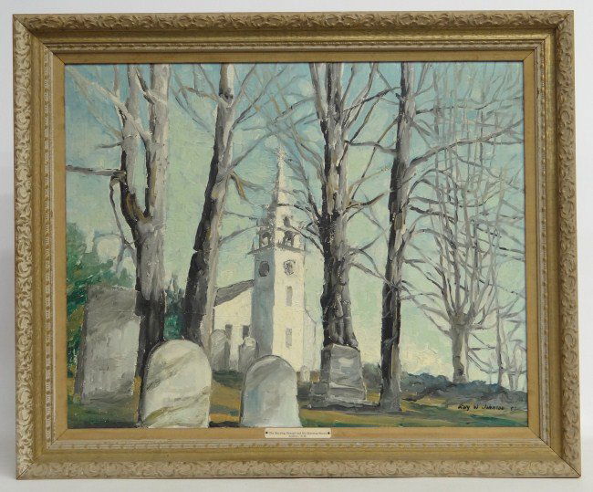 Painting Ray Johnson: Painting oil on canvas "The Burying Ground And Old Meeting House Jaffrey, N.H.", signed "Ray W. Johnson '57". Sight 23" x 29".