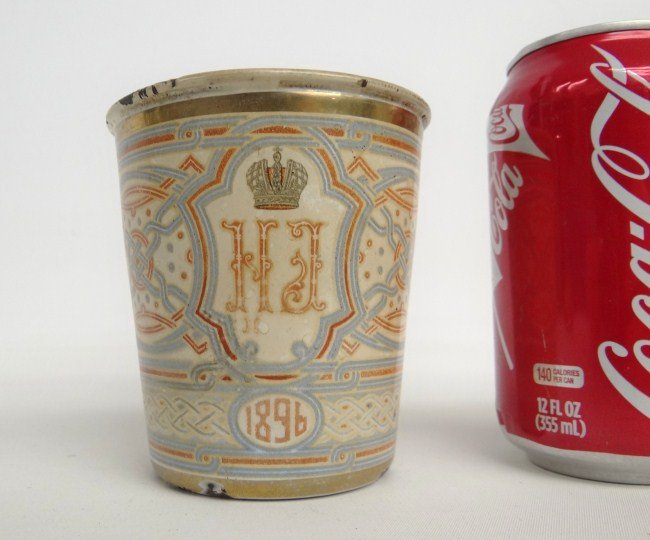 Russian Enamel Beeker: Scarce Russian polychrome enamel blood cup dated 1896 (Czar Nicholas II), 4" Ht.