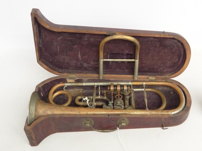 Early Brass Instrument: Early brass coronet trumpet in original case. Marked "FA Schmidt Cologne...", as found.