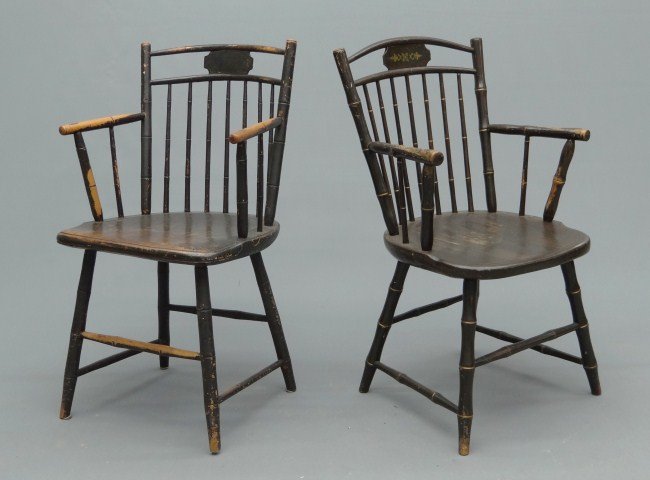 Pair 19th c. Windsor Chairs: Near pair 19th c. Windsor chairs in old paint. 17" Seat Ht. 35" Overall Ht. and 19" Seat ht. 35 1/2" Overall Ht.