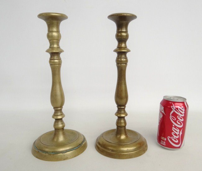 18th c. Candlesticks: Pair 18th c. brass candlesticks. 12" Ht. Ex: Guennol Collection.