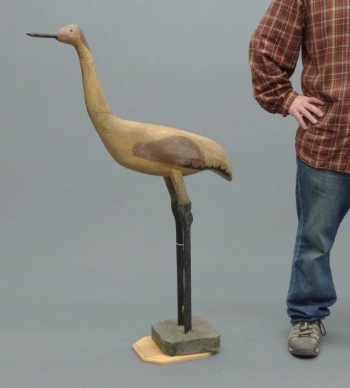 Folk Art Wooden Crane: Folk art polychrome painted wooden crane. 46" Ht.